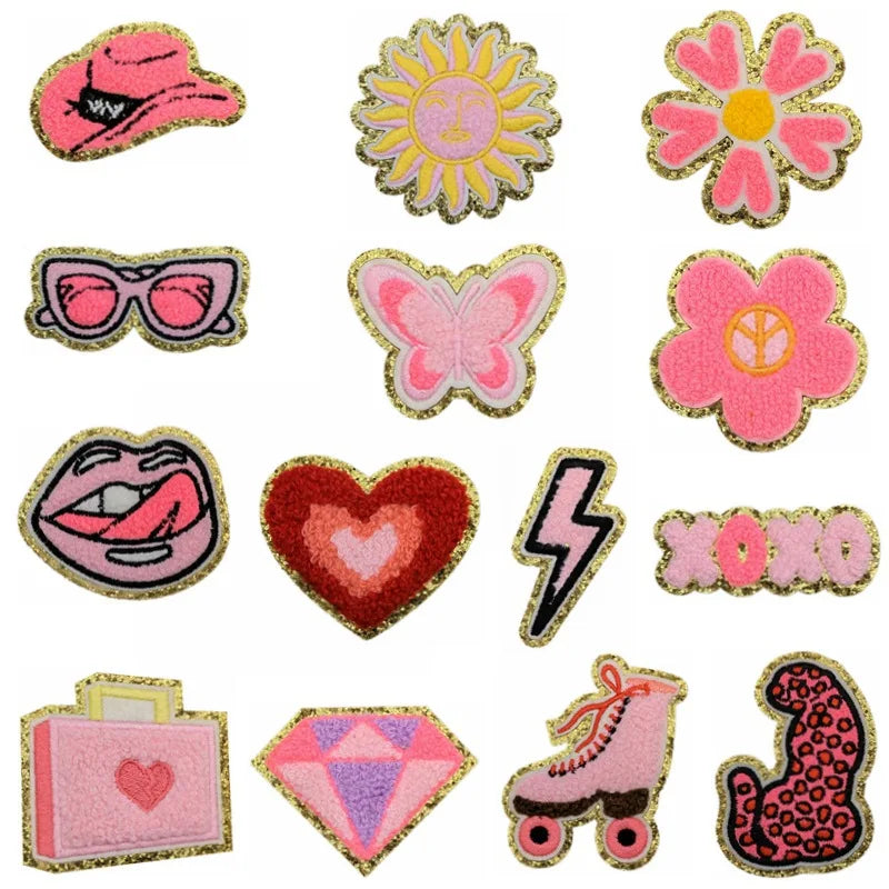 New  Iron on Brilliant pink  Style Gold Edge Hat Flower Lighting Handbag Skater Sun Glass  Chenille Patch for Clothing Bag