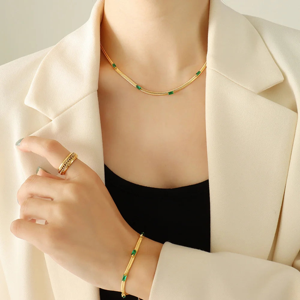 Women Fashion Stainless Steel Zircon Snake Chain Necklace Bracelet Jewelry Set Oro De 18k Conjuntos De Joyas