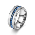 Unique 8MM Mens Silver Color Stainless Steel Ring Inlay Blue Men Engagement Inger Ring
