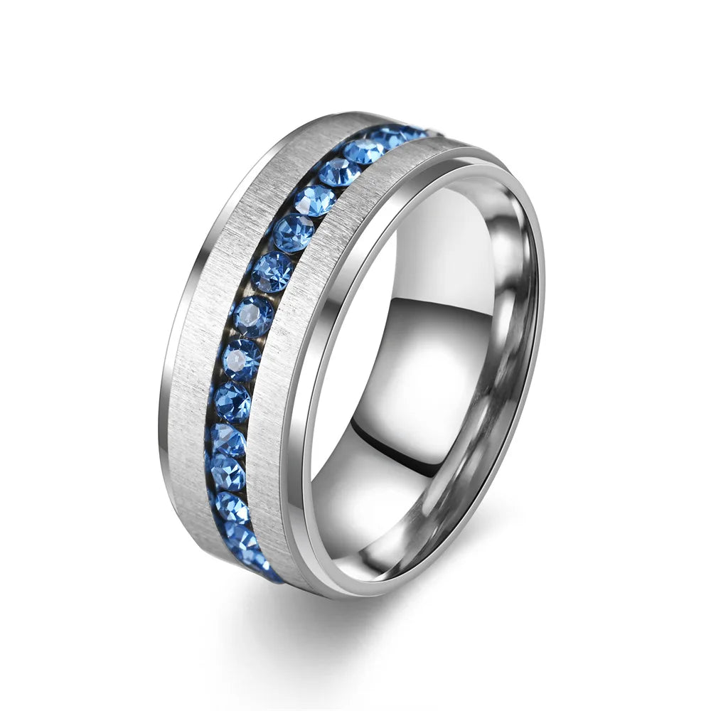 Unique 8MM Mens Silver Color Stainless Steel Ring Inlay Blue Men Engagement Inger Ring