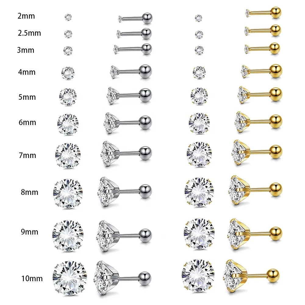 Zircon Fashion Piercing Gold Plated Stainless Steel Ear Studs Cartilage Tragus Helix Surgical Steel Lobe Earrings 20G Wholesale