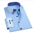 Double Collar Matching Color Shirt Men's Long Sleeve Youth Casual Solid Shirt Style Checkered Contrast Black Button Men's Wear
