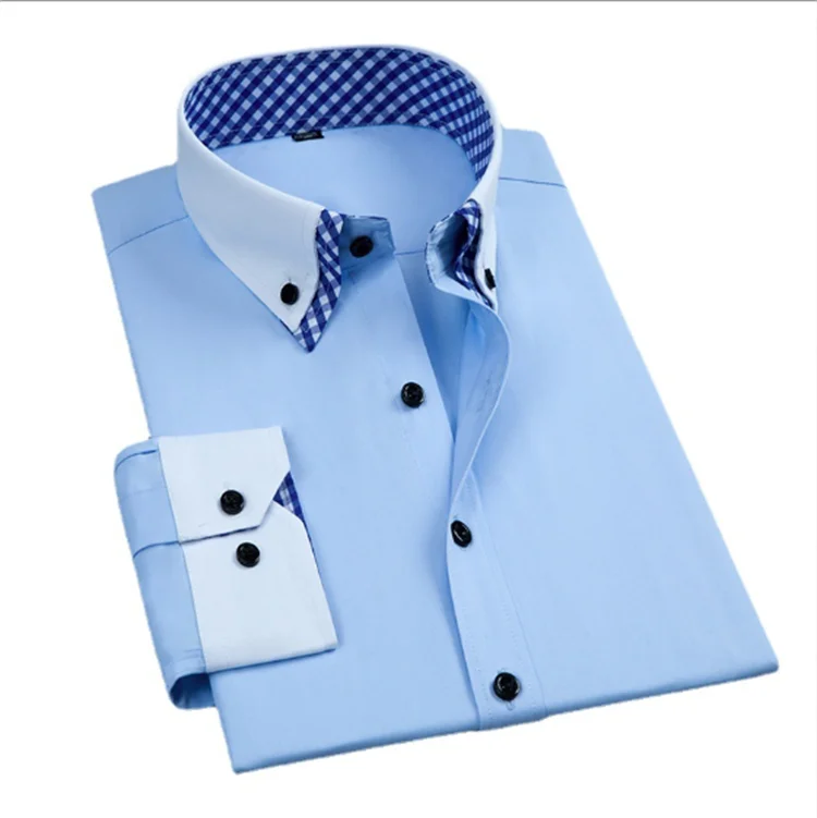 Double Collar Matching Color Shirt Men's Long Sleeve Youth Casual Solid Shirt Style Checkered Contrast Black Button Men's Wear