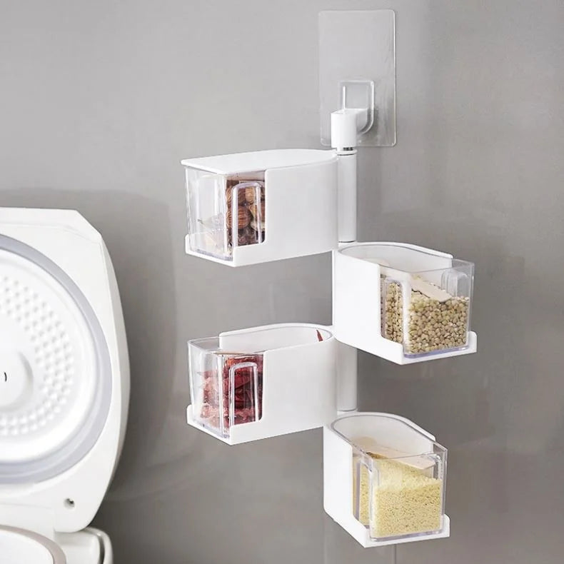 2026 New Fashion Creative Portable Storage Box Nail-free Wall-mounted Salt Msg Seasoning Rotating Seasoning Box With Spoon