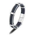 Genuine Leather 316L Stainless Steel Leaf Magnetic Clasp Bracelet for Men