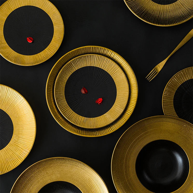Luxury Ceramic Dinner Plate Golden Edge Soup Pasta Salad Dessert Sushi Steak Show Serving Trays Buffet Restaurant Dinnerware Set