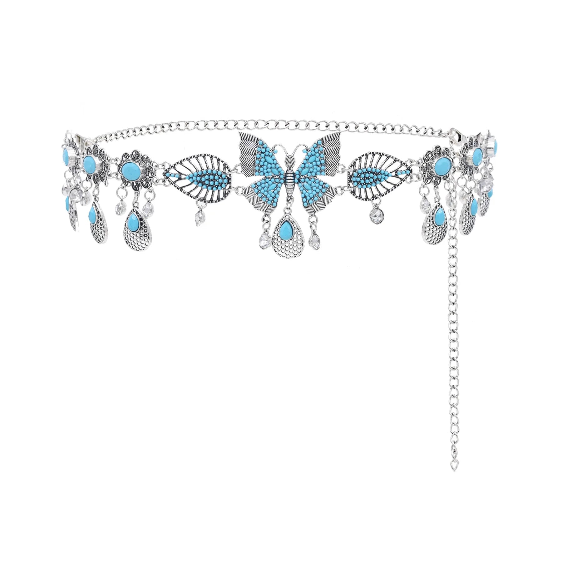 Fashion Metal Belt Silver Color Chain Red Blue Crystal Butterfly Pattern Body Waist Chains for Women