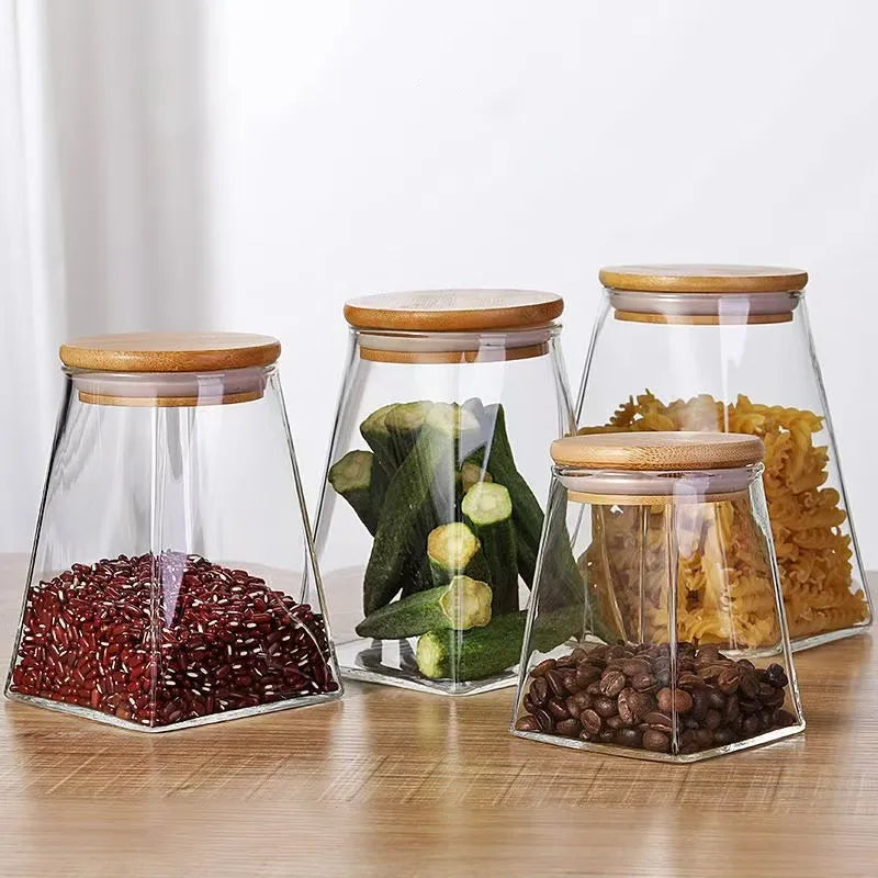 Square Borosilicate Glass Storage Jar with Bamboo Wooden Lid Storage Containers Food Jars Square Hermetic Glass