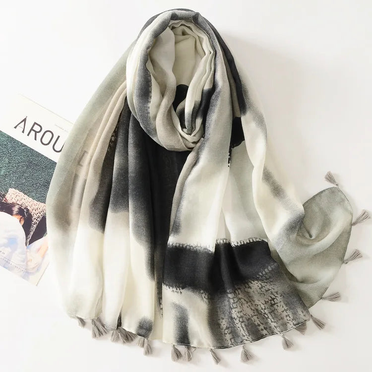 New Wholesales Design Customized Logo Autumn and Winter Fashion Cotton Hemp Black and White Long Squared Silk Women Scarves