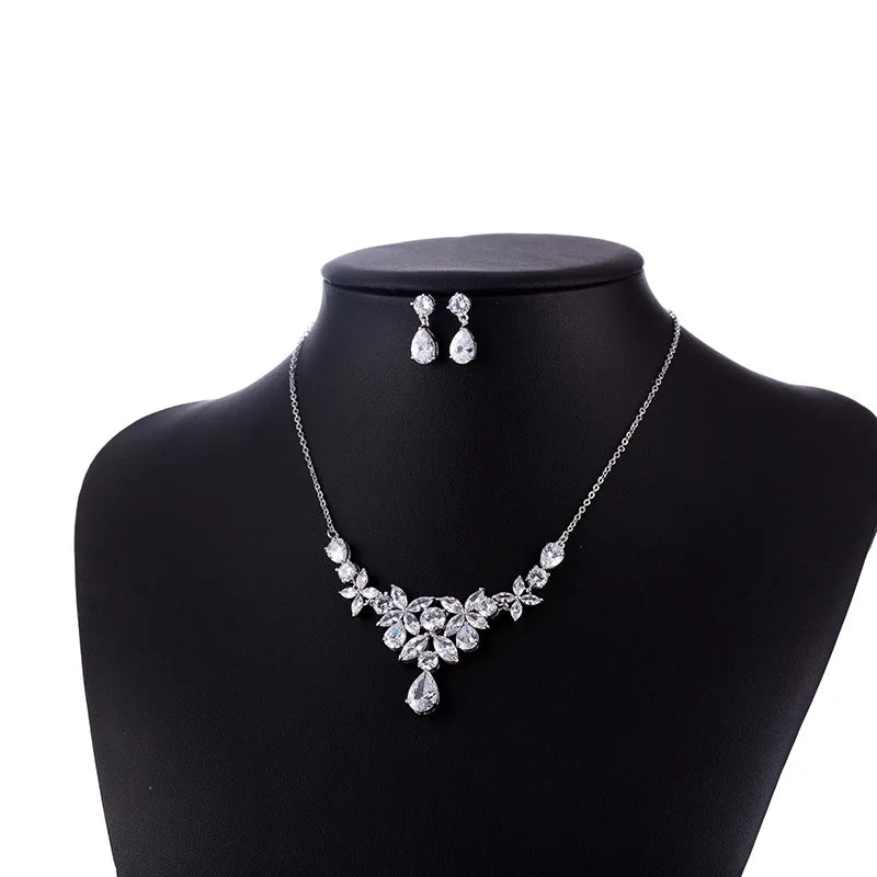 Dazzling White Zircon Bridal Jewelry Set Includes Necklace Stud Earrings Chain Choker Wedding Engagement Gift for Women Girls