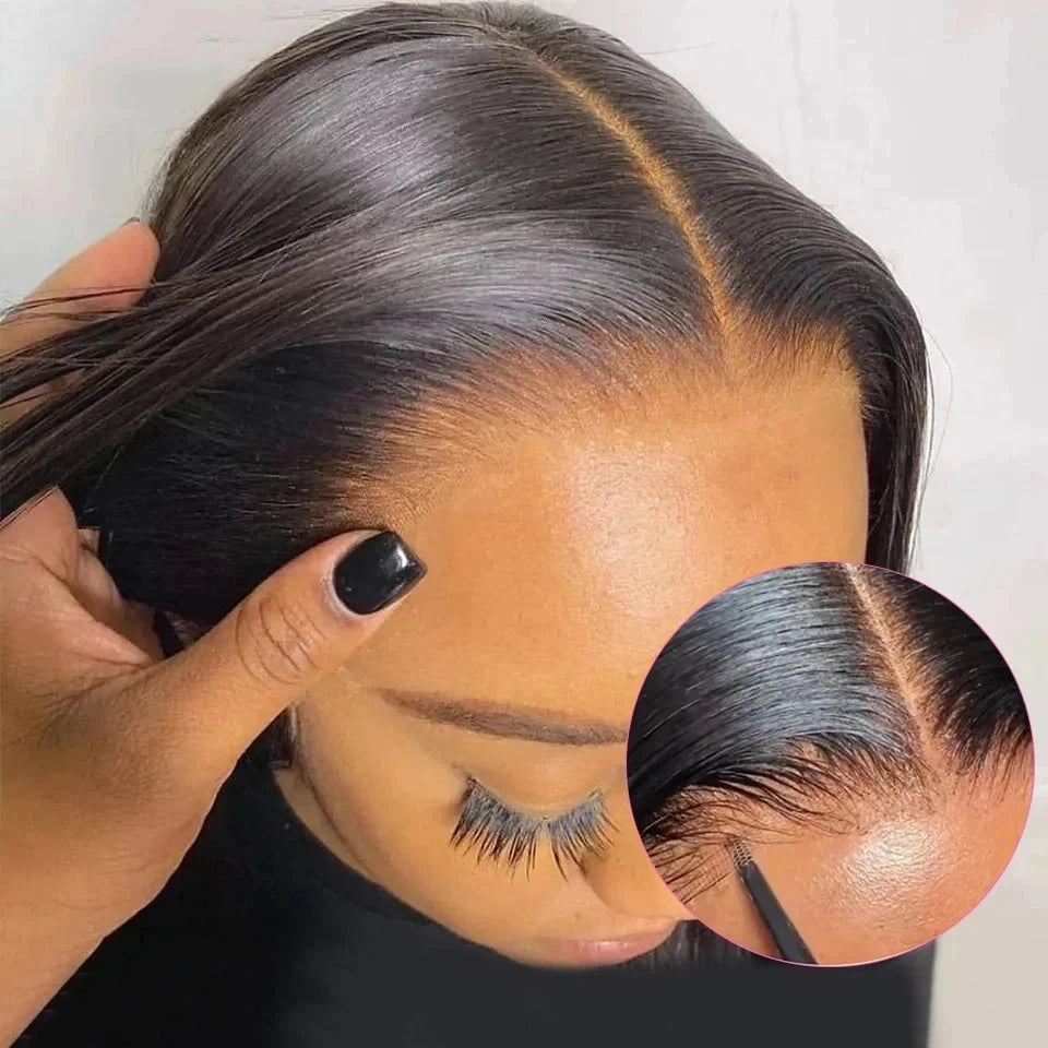 Natural Black Glueless Wigs Brazilian Straight Short Bob 6x4 Closure Lace Wig Human Hair Pre Plucked Pre Cut Wig Ready to Wear