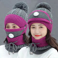 Winter Fleece Lined Women Beanie Knit Hat Scarf Mask Set Girls Warm Hat Earmuffs Cap With Pom