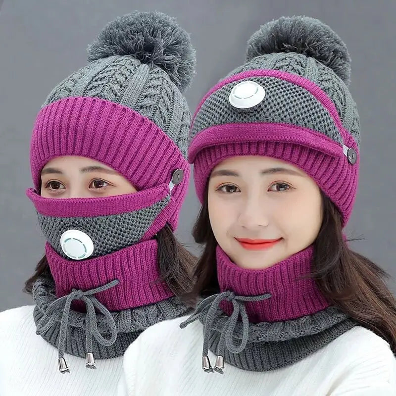 Winter Fleece Lined Women Beanie Knit Hat Scarf Mask Set Girls Warm Hat Earmuffs Cap With Pom