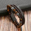 Mens Skull Charm Natural Lava Tiger Eye Stone Bracelet Stainless Steel Magnetic Clasp Layer Genuine Leather Bracelets for Men