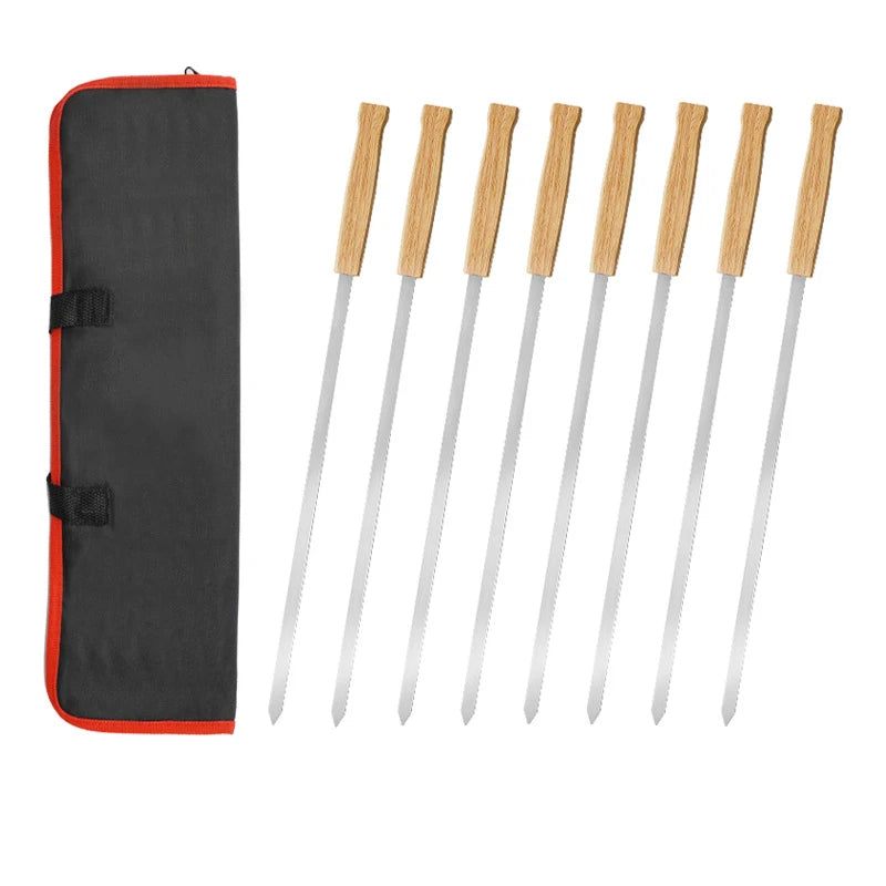 Set of 8 with Bag Stainless Steel BBQ Skewers with Wood Handle Brazilian Shish Kabob Skewers Flat Grilling Sticks