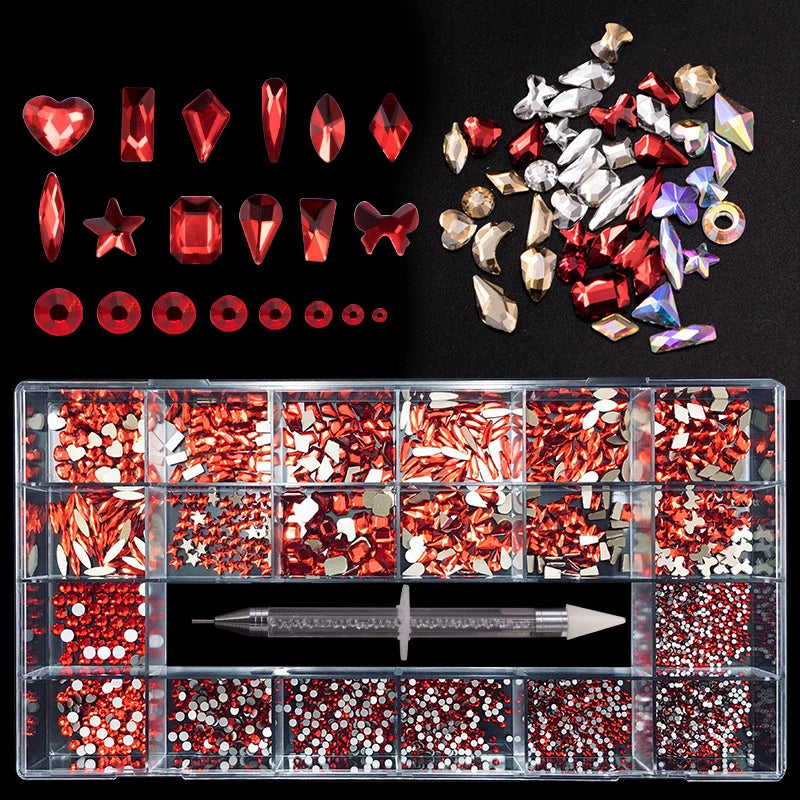 Nail Charms 3D Red Nail Art Rhinestones AB Flat Back Crystal Decorations Nail Accessories