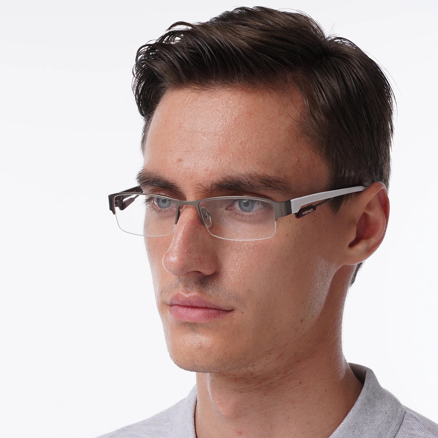 Design Eyewear Optical Frames Glasses Inspired Half Rim Fashion Grey White Big Men Metal HD640