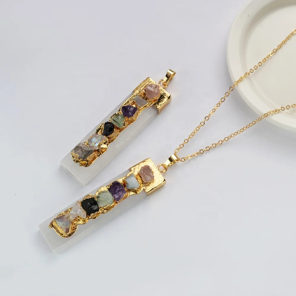 G2047 Rectangle 18K Gold Plated Selenite Crystal Necklace Chakra Crystal Pendant Selenite Necklace