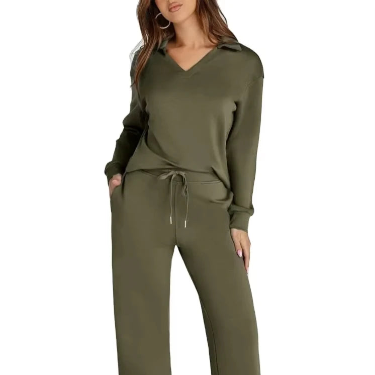 Hot Selling Women's Two-Piece Set Loose V-Neck Long Sleeved Top Drawstring Design Elastic Waist Flared Fabric Vintage 2 Pieces