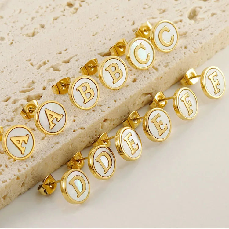 ES1151 Tiny 18K Gold Plated Stainless Steel Round White Shell Pearl Alphabet Initial Letter Studs Post Earring for Women Girls