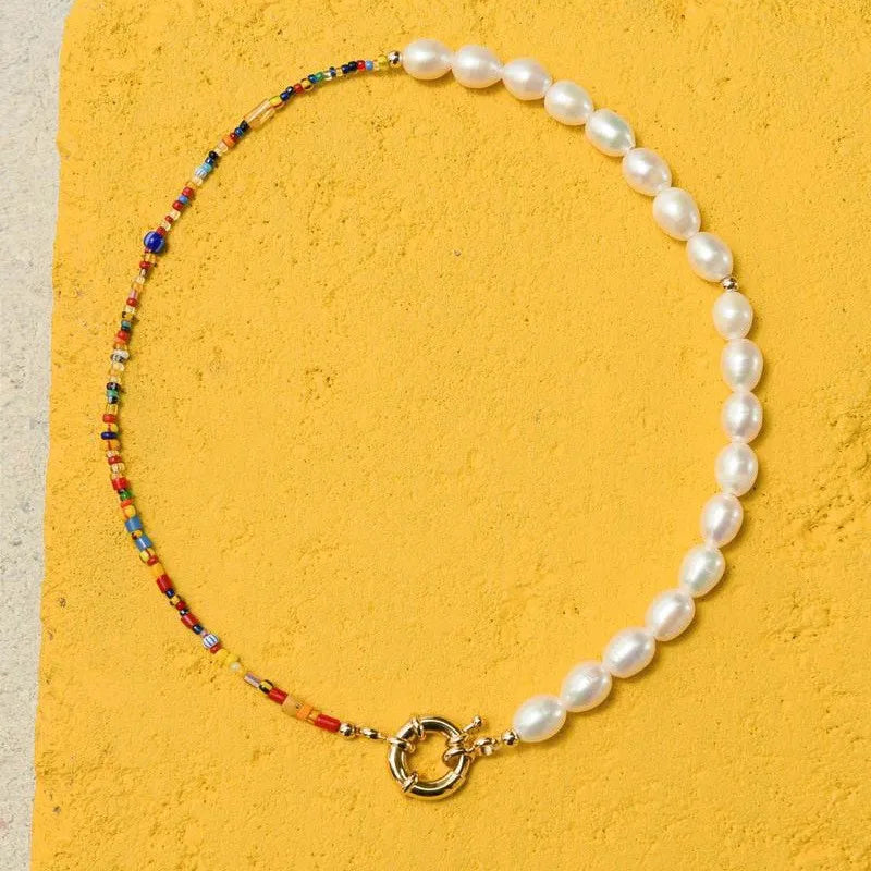 Natural Quartz Pearl Stone Necklace for Women Men Dainty White Pearl Beaded Necklace Vintage Pearl Charm Choker Necklace Unisex