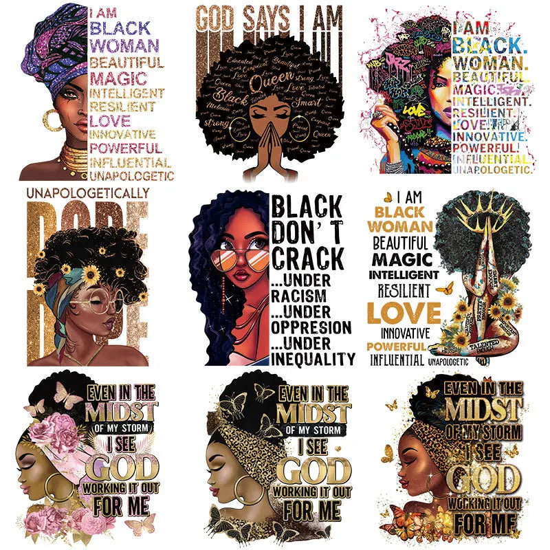Black Queen Afro Girl Thermal Iron on Patches DTF Film Printing Ready to Press Heat Transfer Designs for T Shirts