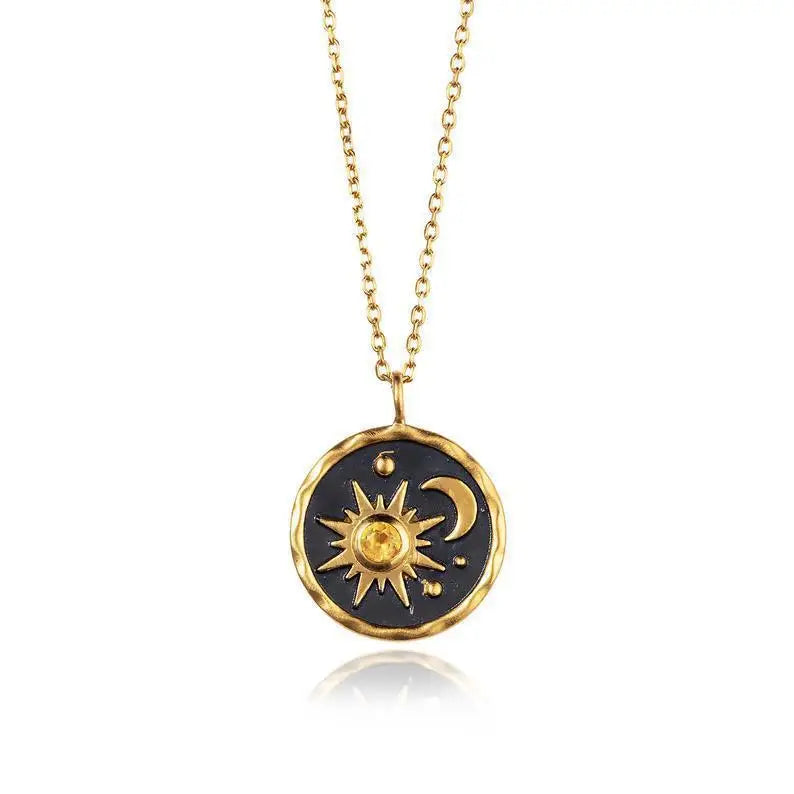 Vintage Crystal Sun Totem Moon Pendant Necklace Women Goth Charm Coin Disc Choker Chain Necklaces Jewelry Collar
