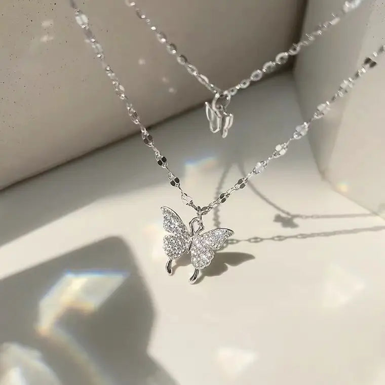 SC New Design INS Double Layer Choker Necklace Gold Plated CZ Pave Diamond Butterfly Pendant Necklace for Women