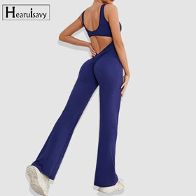One Piece Flare Leggings Fitness Yoga Wear Peach Hip Sports Women Work Out Clothing Ropa De Mujer Hollow Back Wide Leg Jumpsuit