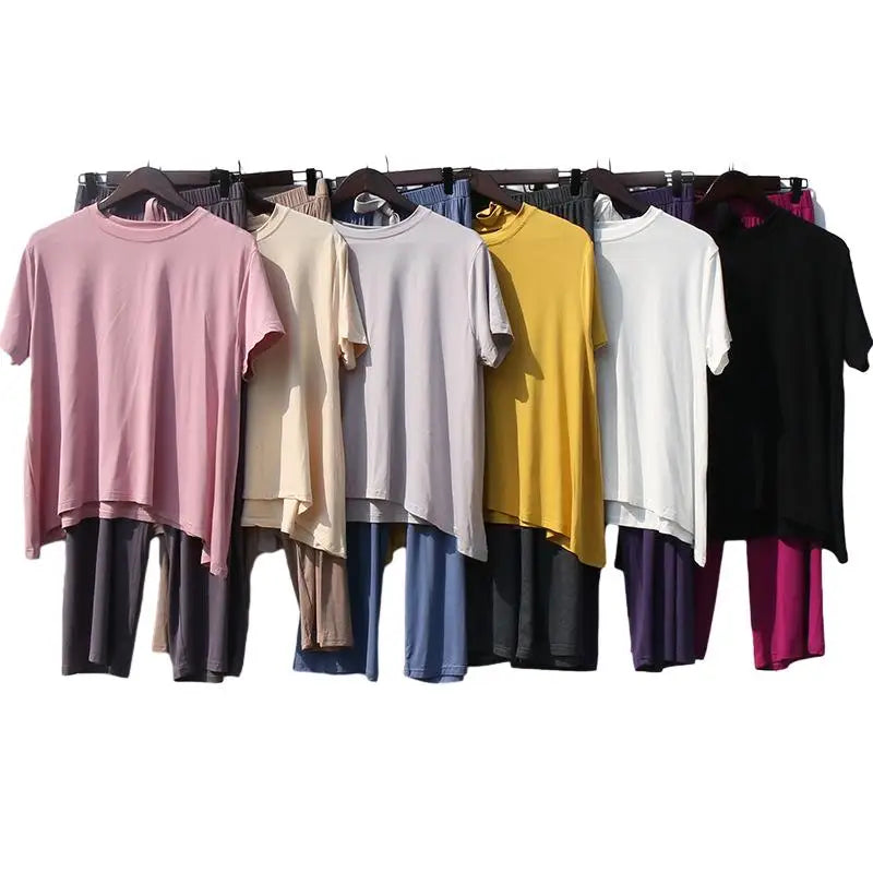 Modal Knitting Pajama Color Contrast Set Summer Breathable Loose Girlfriend Short Sleeve Long Pants Leisure Square Dance Yoga