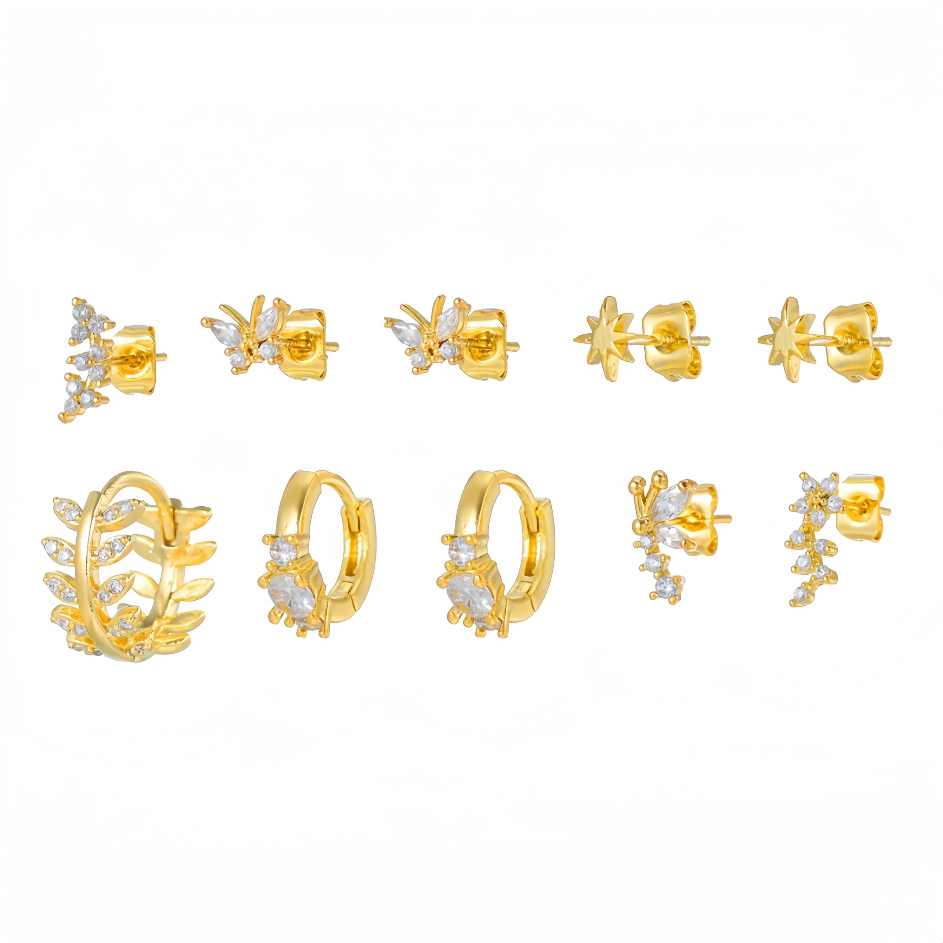 Fashion Jewelry Set 10PCS/set Studs Earring Hoop 925 Silver Hoop Earring Set Butterfly Zircon Gold Plated Earring for Women