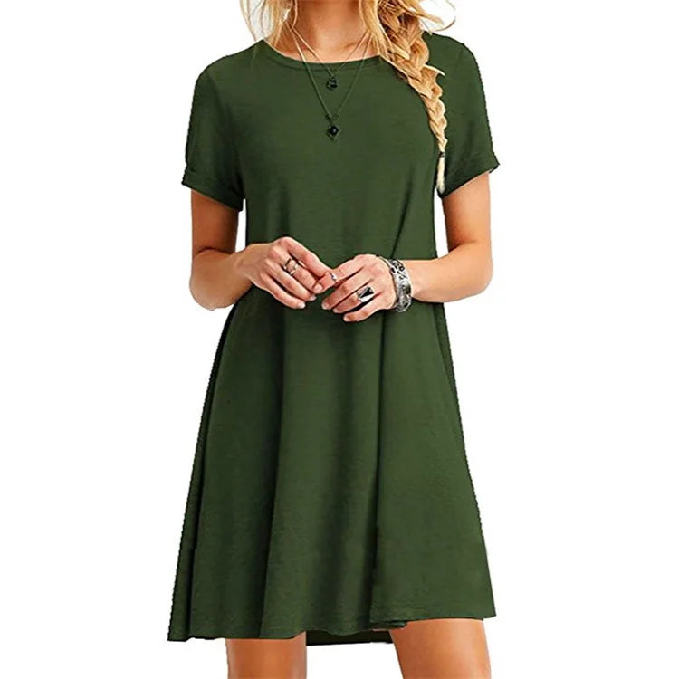 Hot Sale Solid Color Womens a Line Button Polo Neck Short Sleeve Casual T Shirt Dress Wholesale