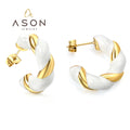 Ason Fashion Jewelry Stainless Steel 18K Gold Plated Drop Oil White Twist Chunky Earrings C Shape Huggie Hoop Earring for Women