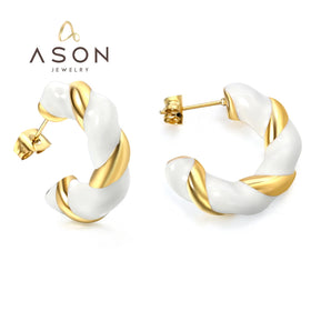 Ason Fashion Jewelry Stainless Steel 18K Gold Plated Drop Oil White Twist Chunky Earrings C Shape Huggie Hoop Earring for Women