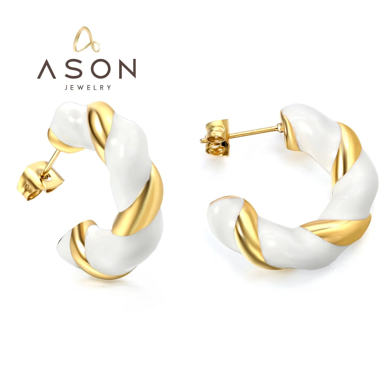 Ason Fashion Jewelry Stainless Steel 18K Gold Plated Drop Oil White Twist Chunky Earrings C Shape Huggie Hoop Earring for Women