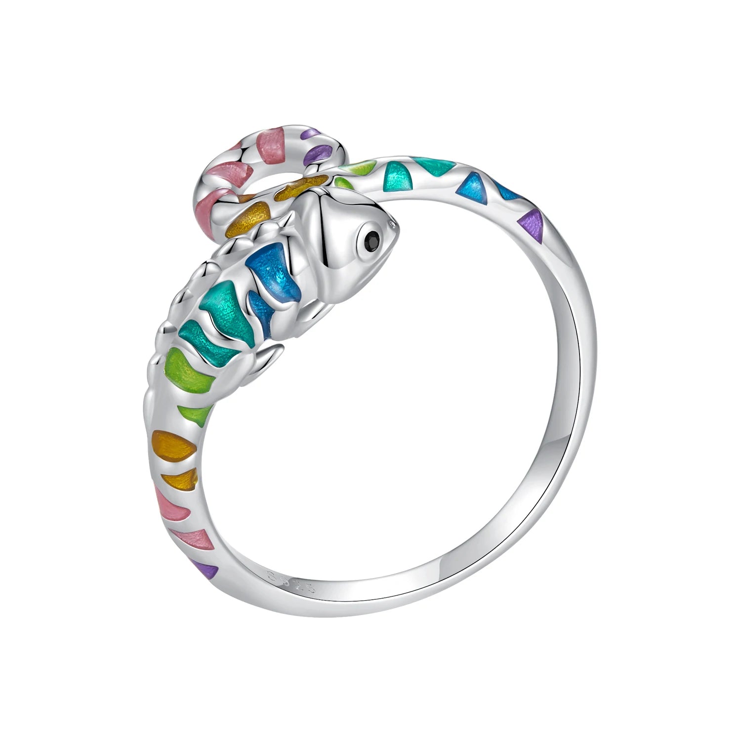 Rainbow Chameleon Open Ring 925 Sterling Silver Multi Color Animal Adjustable Ring Women Birthday Jewelry Unique Gift BSR475