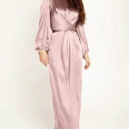Women Fashionable Dubai Satin Elegant Belt Abaya Maxi Islamic Long Dress