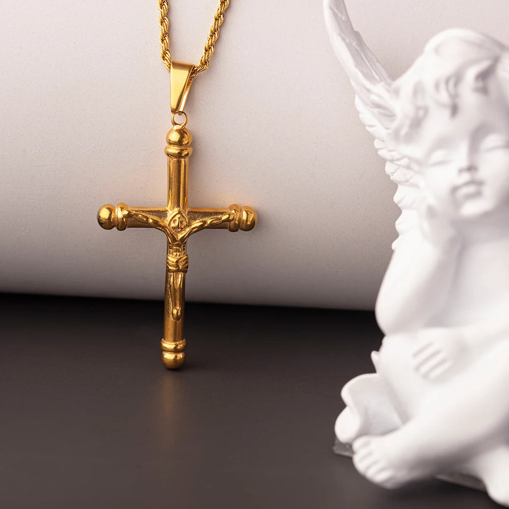 Wholesale Stainless Steel High Polished Jesus Christ 18K Gold Cross Necklace for DIY Jewelry Making Cross Pendants Necklace