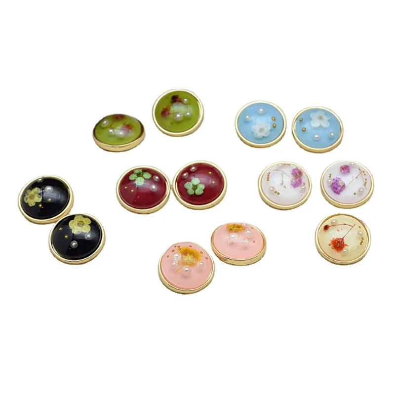 Custom Round Alloy Combination Pearls Dry Flower Sewing Garment Buttons Clothing Shirt Sweater Diy Headwear Bag Resin Button