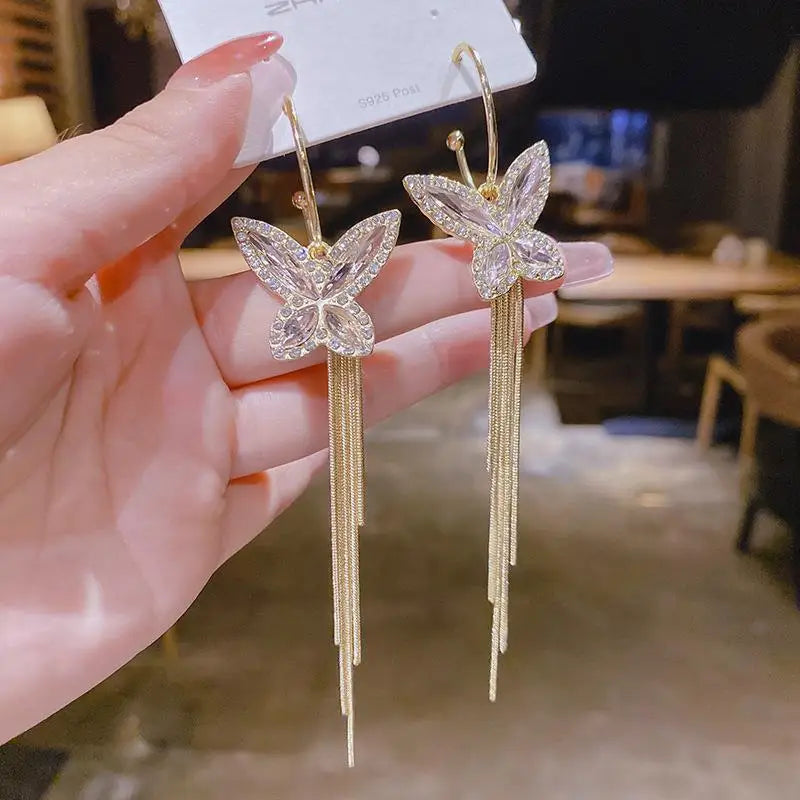 Korean Dignified Butterfly Earrings for Women Delicate Crystal Zircon Butterfly Tassel Earrings for Women