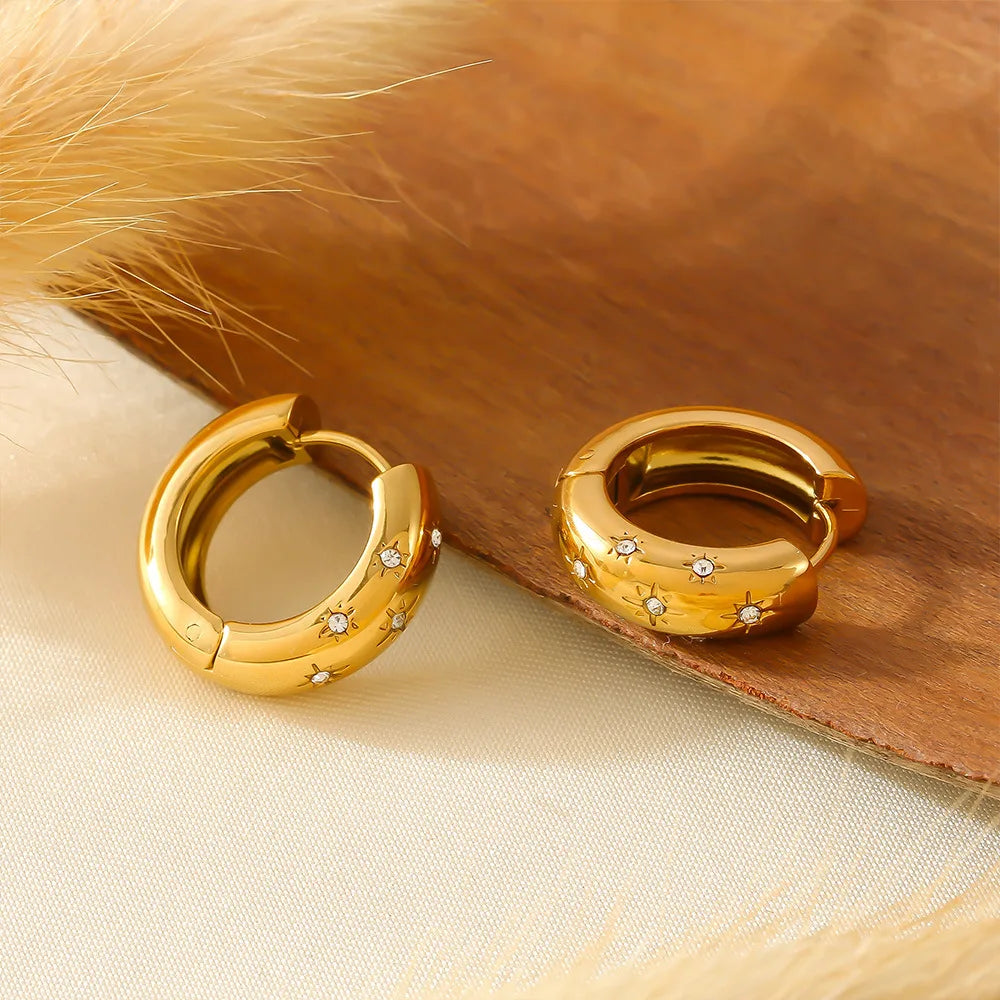 Bold Thick Gold Chunky Hoops Waterproof Star Hoop Huggies Non Tarnish Stainless Steel Star Huggie Hoop Earrings