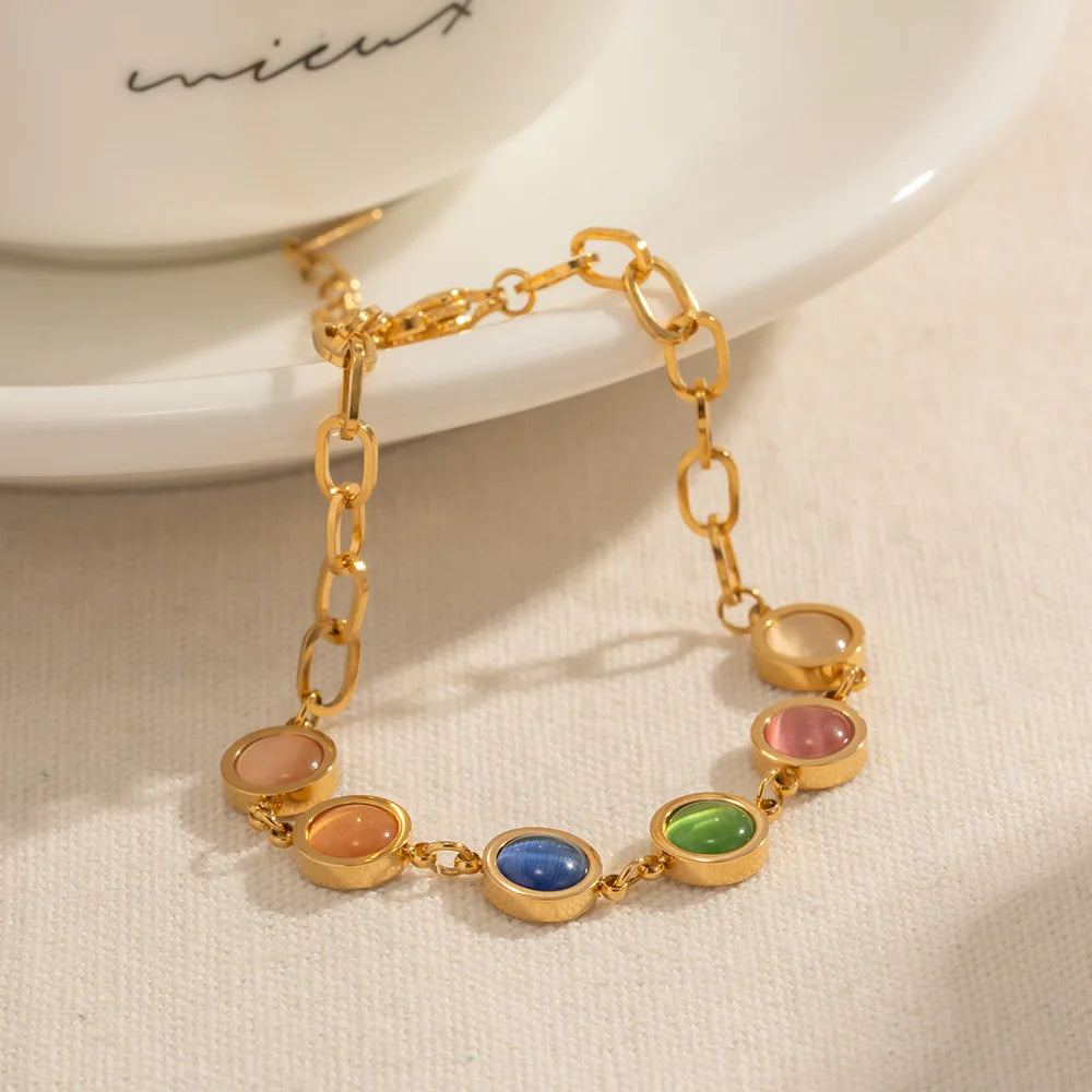 18K Gold Plated Cat Eye Stone Bracelet Fashion Natural Gem Beads Titanium Steel Design for Lady