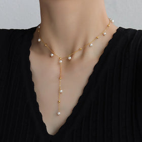Dainty Women Jewelry Artificial Pearl Tassel Strand Necklace Y Shape Lariat 18K Gold Plated Stainless Steel Bead Chain