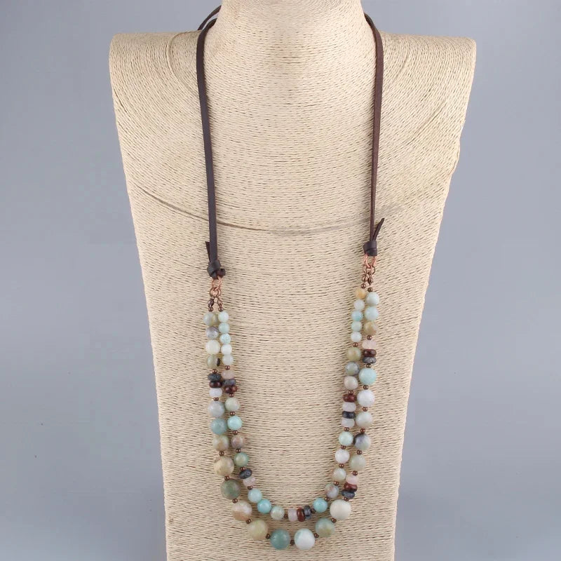 Fashion Women Bohemian Jewelry Accessory Festival Gift 2 Layer Multi Stone Tiger Eye Opal Stretchable Necklace