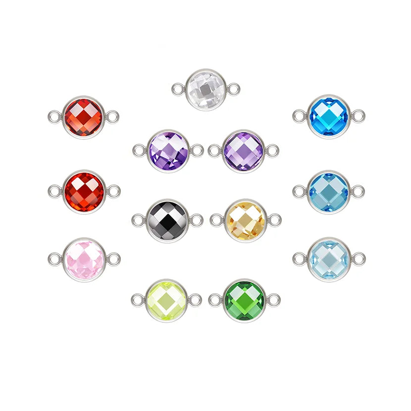 Vintage 925 Sterling Silver Zircon Birthstone Double Hole Connectors Checkerboard Charms for Permanent Jewelry Making