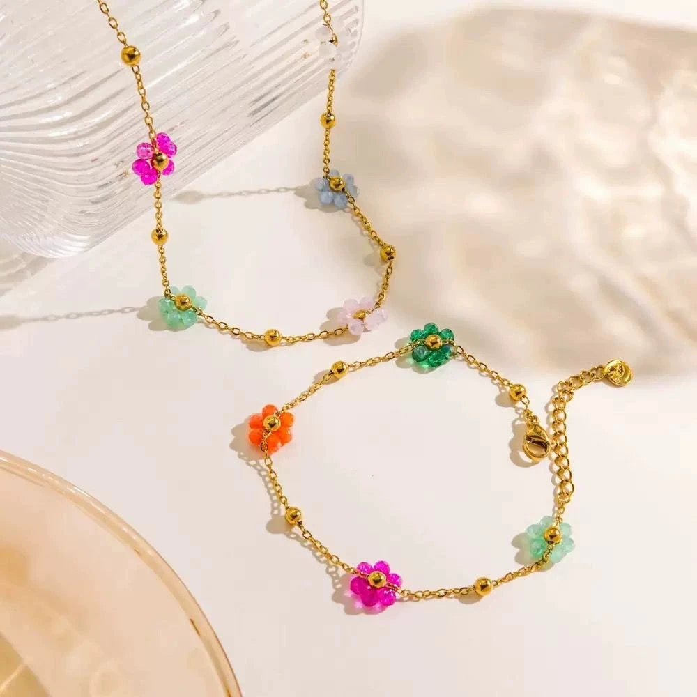 Fashion Stainless Steel Gold Plated Bead Chain Bracelets Necklace Jewelry Women Crystal Flower Charm Bracelets Necklace