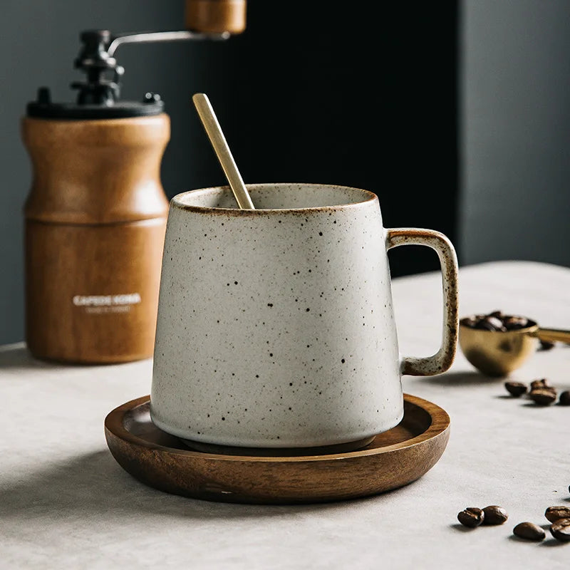 350ML Unique Ceramic Coffee Cup and Saucer Set Coarse Pottery Breakfast Milk Tea Cappuccino Cup With Spoon Restaurant Tableware
