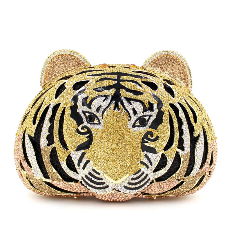 Tiger Head Evening Bag Bling Rhinestone Crystal Wedding Clutch Mini Phone Size 6S Compatible Polyester 19.5x14x6cm BL054