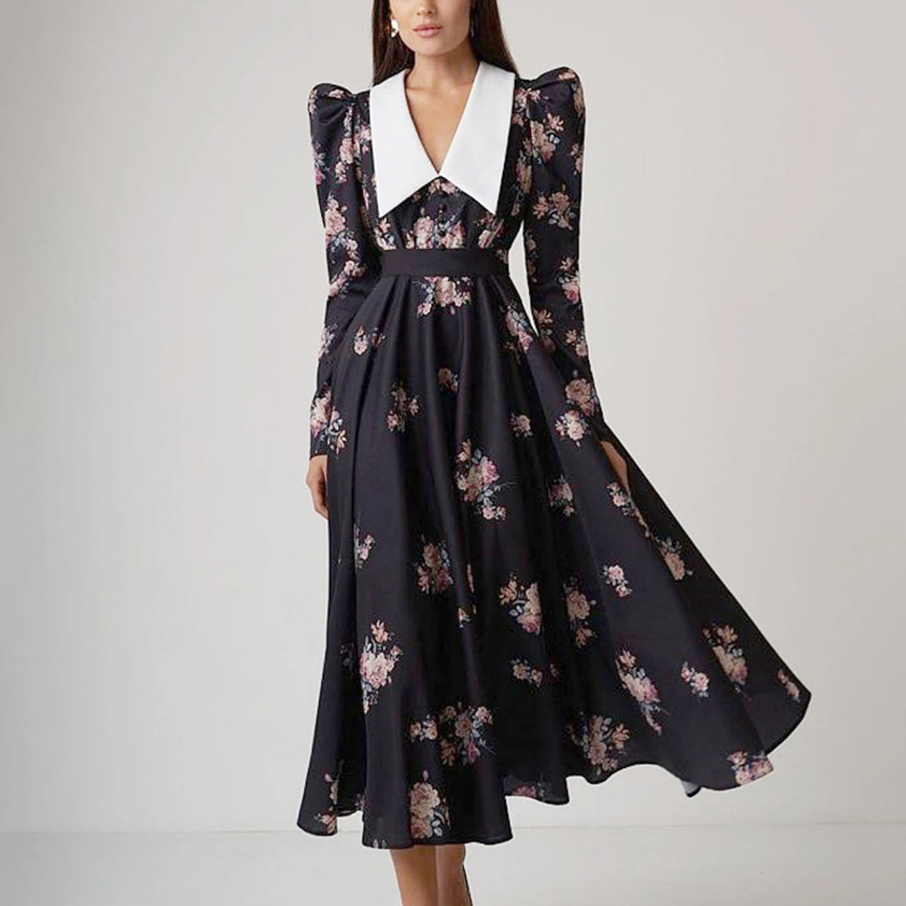Enyami Romantic Retro French Boutique Classic Fashion Sexy Floral Lace Collar Long Sleeve Casual A-line Women Dress