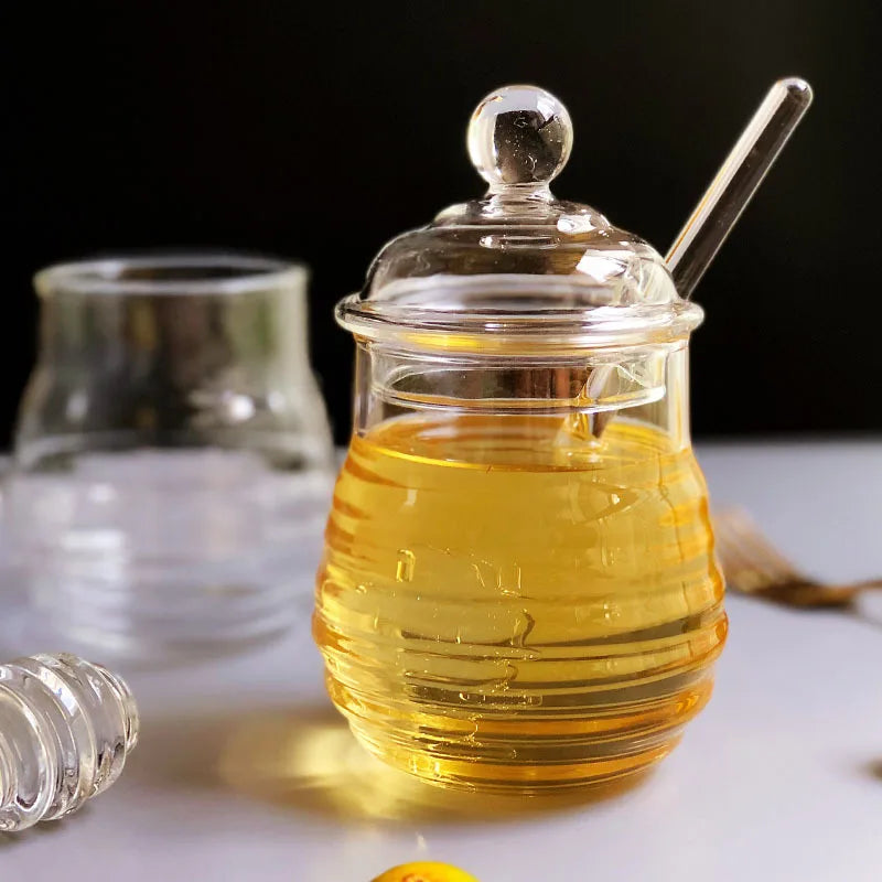 280ml Honey Comb Shaped Glass Honey Storage Jar Glass Honey Pot with Stirring Rod Customizable Sizes and Accessories